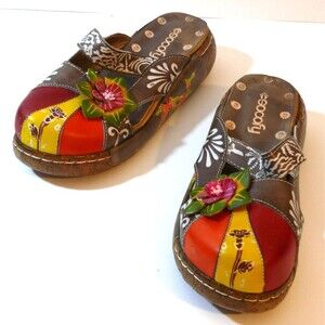 Socofy Sandals slides mules Leather Color Block Boho floral Size 8.5 (EUR 39)
